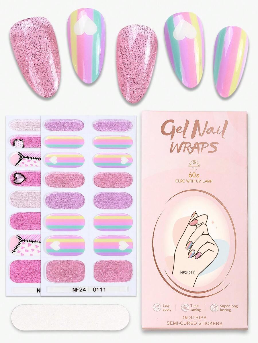 Beauty Sticker 32 miếng dán móng gel bán cứng, miếng dán móng tay bóng màu hồng Love Rainbow tự dính, thích hợp với mọi loại đèn UV, không thấm nước và lâu trôi, thích hợp cho ngày lễ tình nhân của phụ nữ, tự làm miếng dán móng gel - Hồng - Xem 1