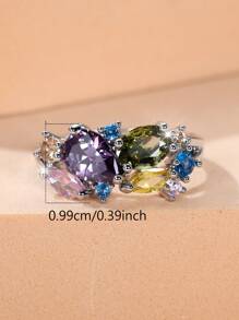 1pc Luxury Colorful Water Drop Stone Ring, Silver Color Multi-Color Claw Set Colorful Cubic Zirconia, Daily Jewelry Gift For Girls - ring - View 3