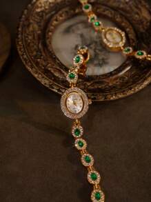 1 pieza Nuevo reloj de pulsera de moda vintage elegante para mujer con incrustación de piedras preciosas color verde esmeralda, esfera ovalada, resistente al agua 30M, estilo casual adecuado para uso diario, fiestas, vacaciones, regalo