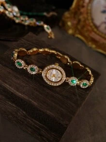 1 pieza Nuevo reloj de pulsera de moda vintage elegante para mujer con incrustación de piedras preciosas color verde esmeralda, esfera ovalada, resistente al agua 30M, estilo casual adecuado para uso diario, fiestas, vacaciones, regalo