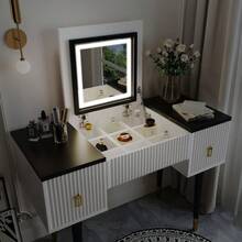 43.3" Modern Vanity Table Set With Flip-Top Mirror And LED Light, Dressing Table With Customizable Storage, White And Black - màu đen - Xem 4