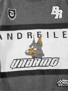 Autumn/Winter New Arrival Letter Patchwork Black Knitted Sweater, Unisex Crew Neck Pullover - Grey - View 5