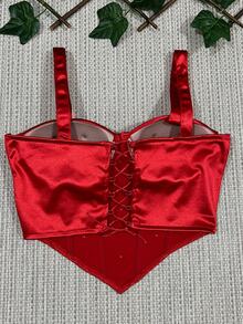 PLADA Cropped Top With Flower And Star Decoration On The Front, Tie At The Back, With Cups, Fabric With Little Reflective, Size M Fits 38-42 - Đỏ - Xem 3