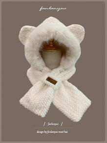 1set Women's Plush Bear Hat & Scarf Combo, Thicken Fleece Warm Earflap Hat For Winter