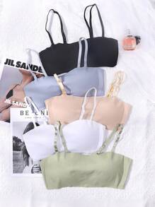 5pcs Seamless Solid Color Camisole Bras, Comfortable, With Padding, Suitable For 13-16 Years Old Girls. - Multicolor - View 1