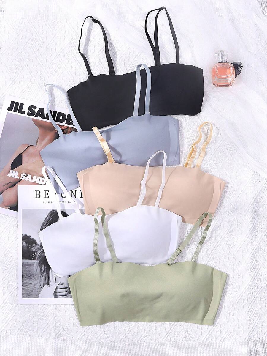 5pcs Seamless Solid Color Camisole Bras, Comfortable, With Padding, Suitable For 13-16 Years Old Girls. - Multicolor - View 1