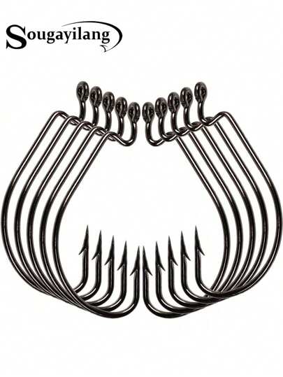  Sougayilang 10Pcs Fishing Hooks 8 Sizes Available Portable Stainless Steel Sharp Fishing Hook With Circle & Barbed For Freshwater Seawater Fishing Crank Hooks