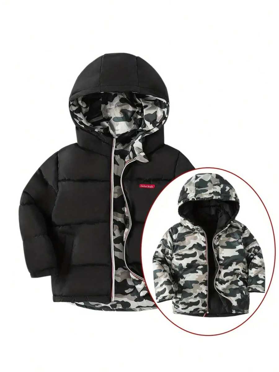 Young Boy Reversible Camouflage Hooded Warm Jacket With Ear Design - Black - View 1
