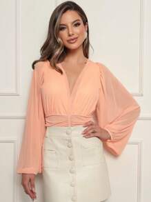Women's Long Sleeve Bodysuit / Women's Tulle Blouse / Women's Polyamide Bodysuits / Party - Màu Hồng  San hô - Xem 1