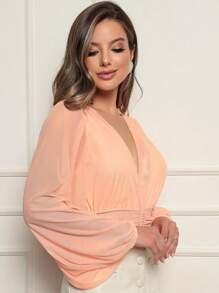 Women's Long Sleeve Bodysuit / Women's Tulle Blouse / Women's Polyamide Bodysuits / Party - Màu Hồng  San hô - Xem 3