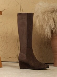 Botas altas para mujer con puntera puntiaguda, tacón de cuña, fuste, de marca europea de tendencia, para otoño e invierno