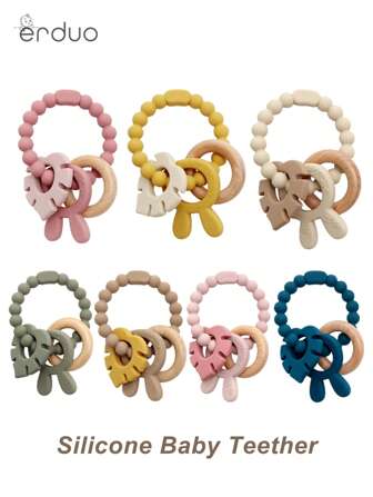 1pc Baby Silicone Teething Toys,100% Silicone Teething Toys For Baby Teething Relief,Wooden Teether Ring Touch Training Newborn Chew Toys,Toddler Toys Teethers For Babies 3-6 Months