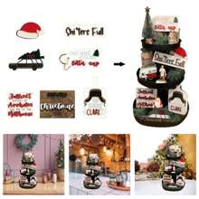 乡村农舍木质标志独特元素 7 件装圣诞节分层托盘装饰套装适合家庭节日派对 - 彩色 - 查看 1