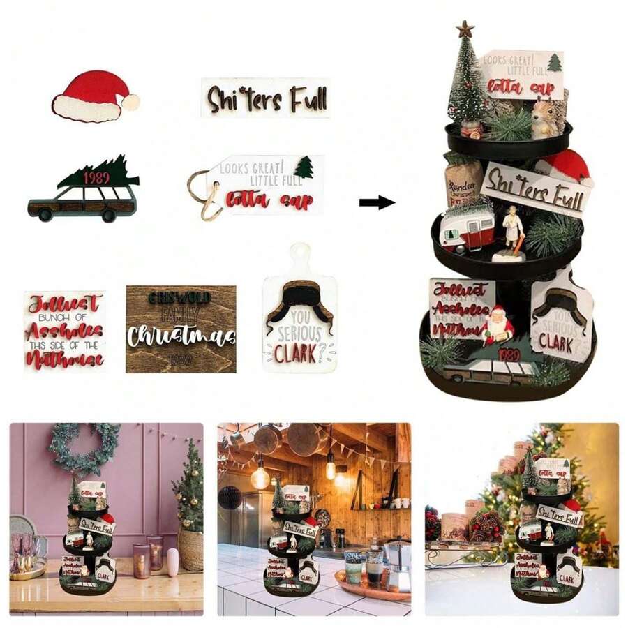 乡村农舍木质标志独特元素 7 件装圣诞节分层托盘装饰套装适合家庭节日派对 - 彩色 - 查看 1