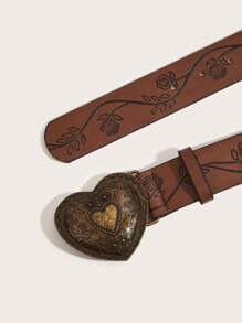 1pc Vintage Buckle Printed PU Leather Belt, Fashionable & Versatile For Everyday Wear Summer, School Fall, Autumn, Halloween - Brown - View 4