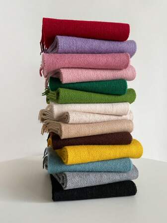 1 件男女通用糖果色流苏简约纯色针织围巾/披肩，百搭秋冬季韩式风格