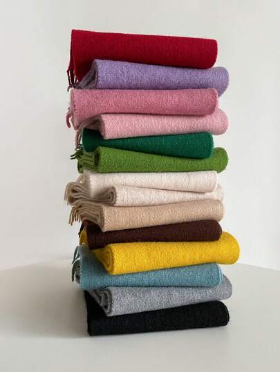 1 件男女通用糖果色流苏简约纯色针织围巾/披肩，百搭秋冬季韩式风格