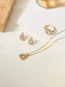 4 件/套简约方晶锆石水钻方形耳钉、项链、耳环和戒指套装（女士）（无礼盒）