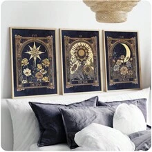 3 套复古塔罗牌太阳月亮和星星壁画帆布，塔罗牌印刷品，塔罗牌海报，神秘壁画，塔罗牌装饰，塔罗牌壁画，占星术占卜印刷艺术海报，墙壁装饰，客厅礼物，卧室办公室装饰，无框架 - 彩色 - 查看 3