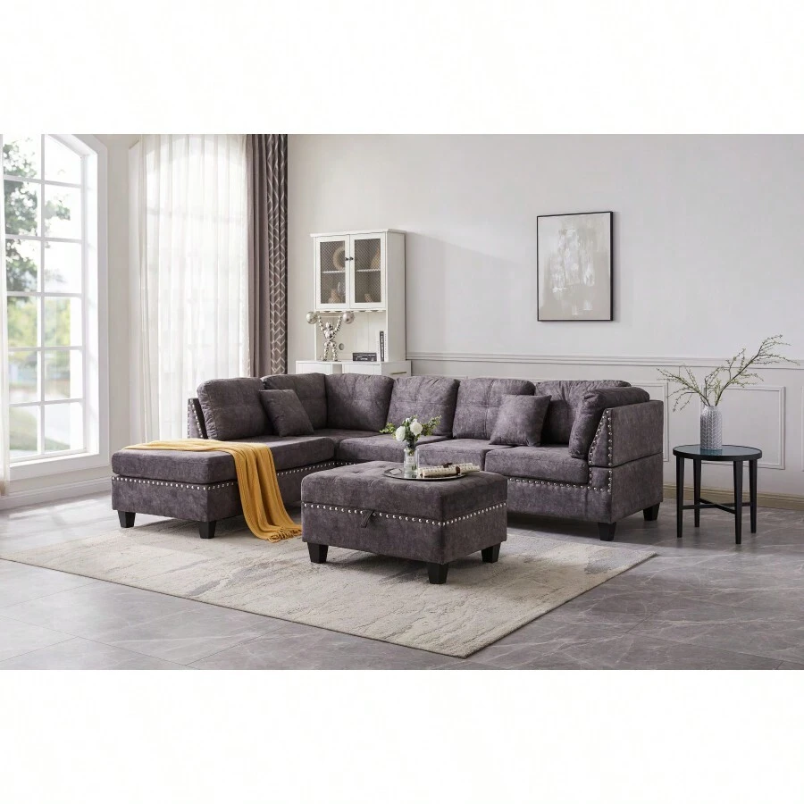 Sectional 3-Seaters Sofa With Reversible Chaise, Storage Ottoman, Inlaid With Copper Nail, Two Small Pillows, Grey - Xám + Polyester + 3 Ghế như hình - Xem 1