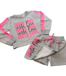 Girl's Set Coat And Shorts Skirt Insta Love Print - Xám - Xem 2