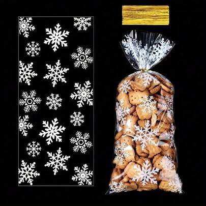 50 个雪花糖果袋圣诞礼品袋，配有 50 个金色扭结带，透明玻璃纸礼品袋，用于庆祝派对用品，包含礼物、饼干、糖果和塑料零食袋，万圣节和新年礼品袋