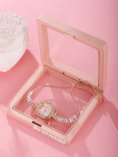 1pc Girls' Square Shaped Quartz Watch With Chain Strap, Diamond Decoration, And British Style Fashionable Design