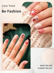 24 件方形圣诞短指甲，圣诞装饰美甲礼物，适合女士和女孩，雪花圣诞树姜饼人糖果图案设计，全覆盖可重复使用的按压指甲，假指甲贴纸 - 紅色 - 查看 4