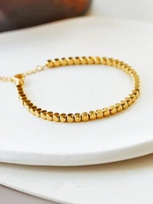 1pc Stainless Steel Square Beaded Necklace, Fashionable Gold Color, Suitable As A Gift - necklace - View 8