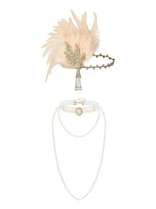 3 Stücke 1920er Jahre Flapper Feder Haarband Legierung Strass Haarschmuck, lange Perlenkette Halskette - Kunstperlekette Halskette Set für Frauen 20er Jahre Flapper Accessoires