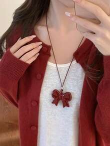 1 chiếc vòng cổ mặt dây chuyền bằng da nơ tối giản dành cho phụ nữ, vẻ đẹp thanh lịch cho áo nỉ & áo hoodie, mùa thu/đông - Màu Đỏ Sâu - Xem 2