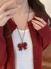 1 chiếc vòng cổ mặt dây chuyền bằng da nơ tối giản dành cho phụ nữ, vẻ đẹp thanh lịch cho áo nỉ & áo hoodie, mùa thu/đông - Màu Đỏ Sâu - Xem 1