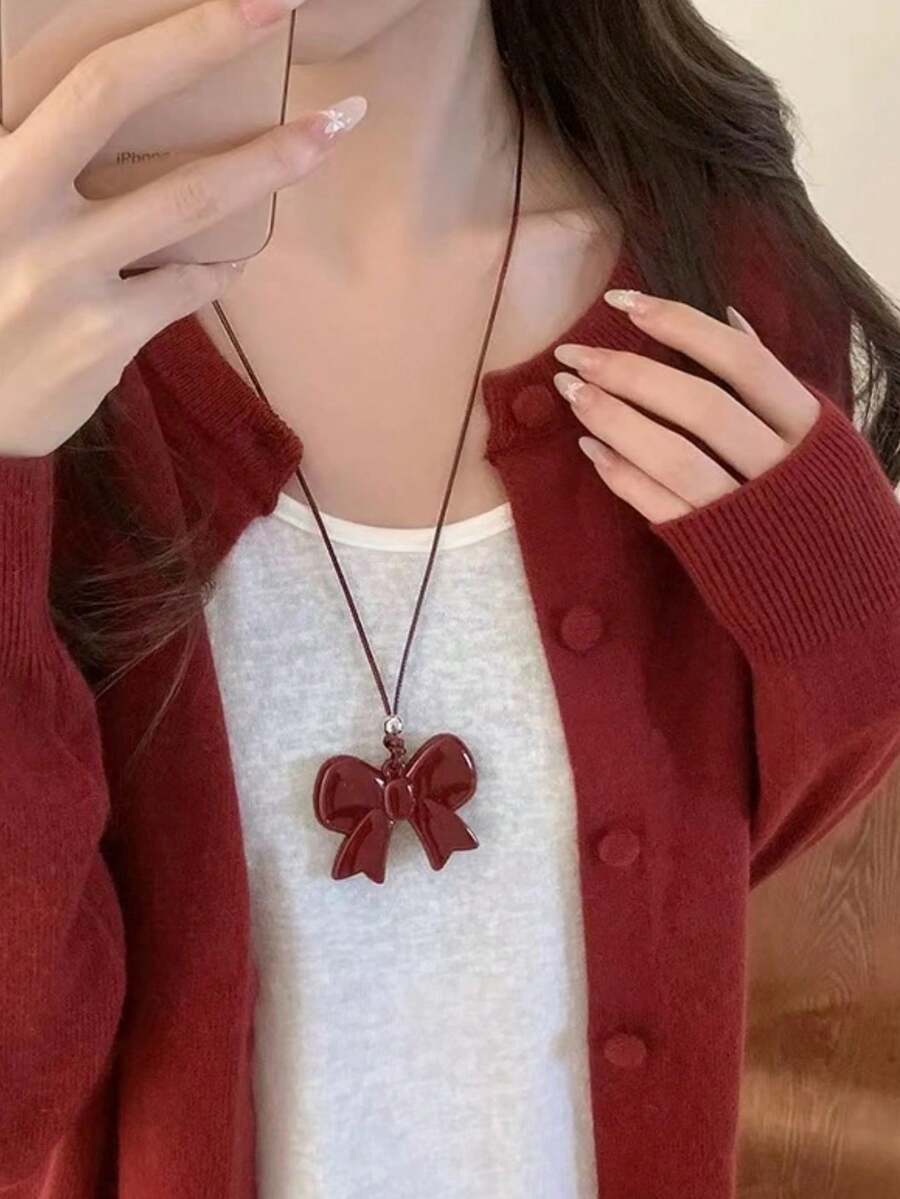 1 chiếc vòng cổ mặt dây chuyền bằng da nơ tối giản dành cho phụ nữ, vẻ đẹp thanh lịch cho áo nỉ & áo hoodie, mùa thu/đông - Màu Đỏ Sâu - Xem 1