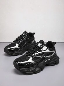 Men's Black Sneakers, Seasonal Wear, Thick Sole Fashionable Casual Sports Shoes Suitable For Outdoor, Versatile Chunky Sneakers, Non-Slip Durable Sole