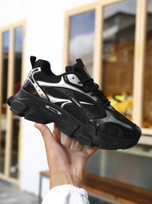 Men's Black Sneakers, Seasonal Wear, Thick Sole Fashionable Casual Sports Shoes Suitable For Outdoor, Versatile Chunky Sneakers, Non-Slip Durable Sole