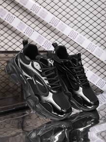 Men's Black Sneakers, Seasonal Wear, Thick Sole Fashionable Casual Sports Shoes Suitable For Outdoor, Versatile Chunky Sneakers, Non-Slip Durable Sole