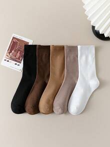 5 đôi tất cổ cao cho nữ, màu Maillard trơn, mềm mại và ấm áp, thời trang và đa năng, phù hợp cho 4 mùa - Nhiều màu - Xem 2