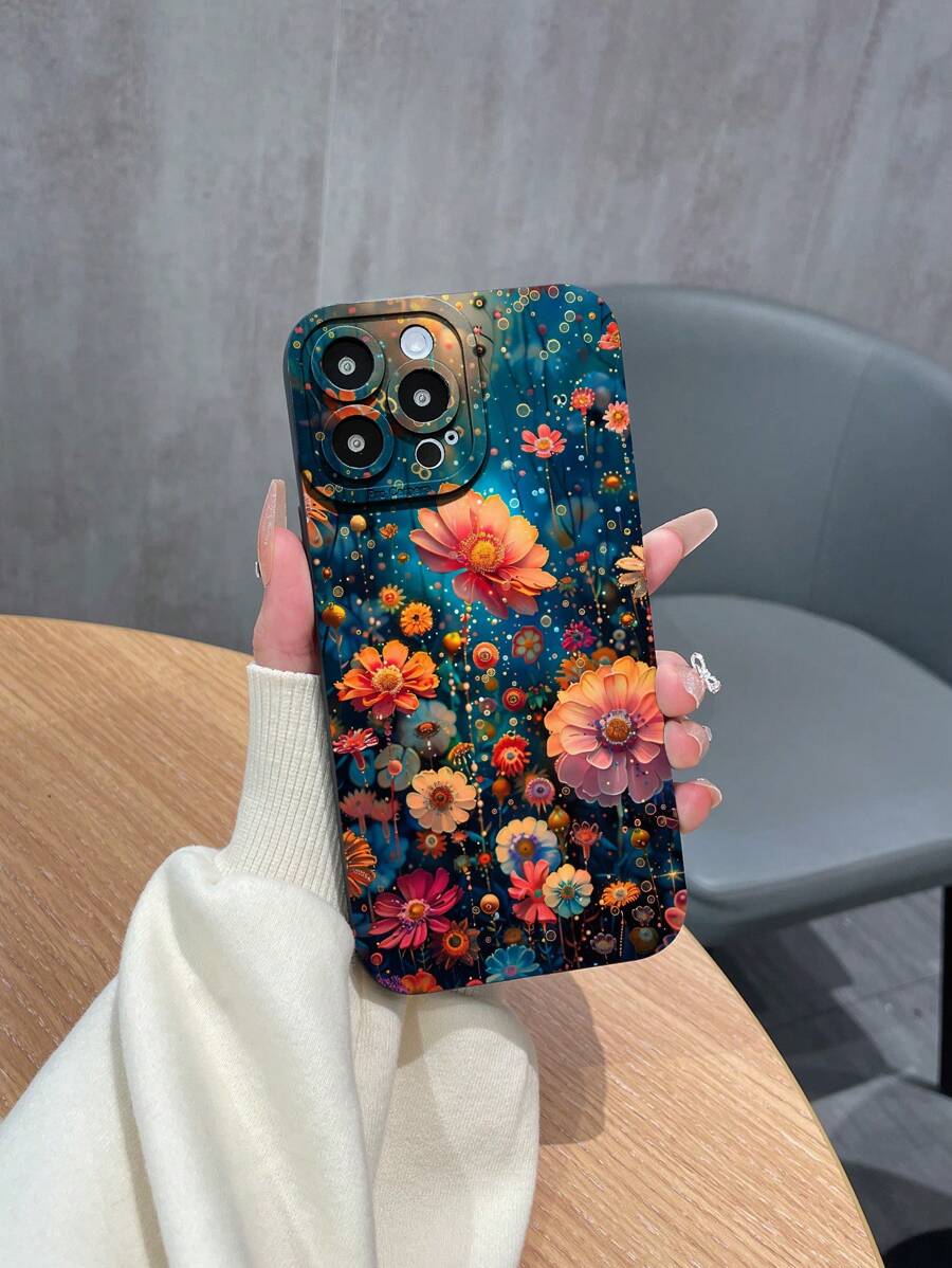 1pc TPU Matte Floral Pattern Phone Case Compatible With Apple///Redmi/OPPO/INFINIX Mobile Phones, Black Dreamscape Design - Multicolor - View 1