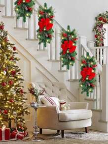 1pc Red Rattan Bowknot Decor Artificial Vine Wreath With Red Berries And Bowknot Design, Perfect For Indoor & Outdoor Home Decor, Birthday Party Decoration, Shelf Arch Stair Adornment, Suitable For All Seasons (Without Lights) Best Gifts Christmas Decorations Room Decor Christmas Winter Christmas Decorations Home Christmas Gifts Christmas Decor - Multicolor - View 2