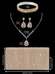 闪闪发光的迷人翻盖晚宴包，带有褶边细节的单肩包，搭配优雅华丽的水钻手链项链耳环，奢华时尚的手拿包，适合派对女孩、新娘，与宴会礼服、婚纱搭配，非常适合派对、婚礼、舞会、宴会 - 香檳色 - 查看 5