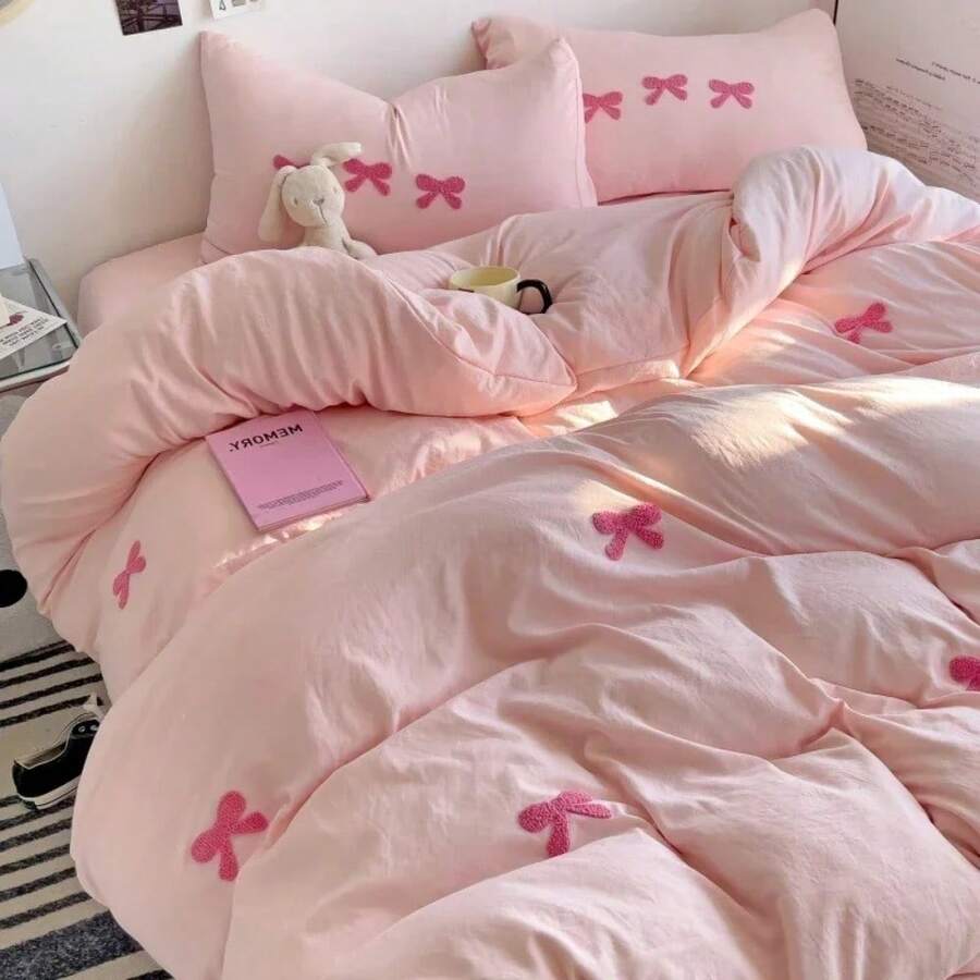 Cute Pink Bows Duvet Cover Set, 3D Embroidery Bedding Sets Pink Bed Set