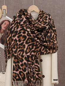 1 chiếc khăn choàng ấm áp in họa tiết da báo giả cashmere phong cách Bohemian dành cho nữ, đa năng cho mùa thu/đông - 03-Cà phê đen - Xem 4