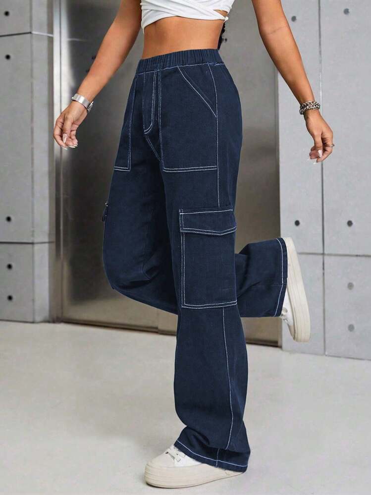 1 szt. Spodnie cargo dla nastolatek w stylu vintage, casual, minimalistyczny denim z kieszeniami, odpowiednie na wiosnę/lato/jesień/zimę - Niebieski - Zobacz 2