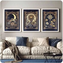 3 套复古塔罗牌太阳月亮和星星壁画帆布，塔罗牌印刷品，塔罗牌海报，神秘壁画，塔罗牌装饰，塔罗牌壁画，占星术占卜印刷艺术海报，墙壁装饰，客厅礼物，卧室办公室装饰，无框架 - 彩色 - 查看 9