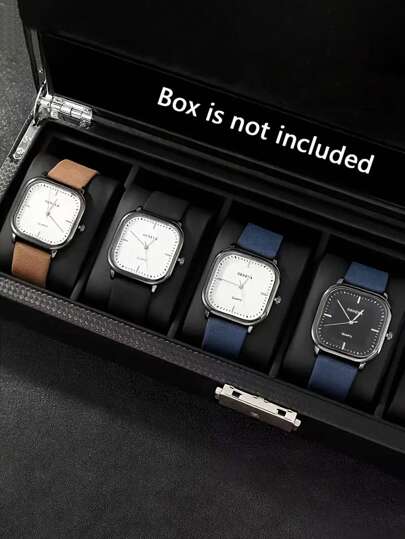 4 件装男士时尚方形石英表，带英文表盘 - 男士的完美礼物，锌合金表壳和仿皮表带
