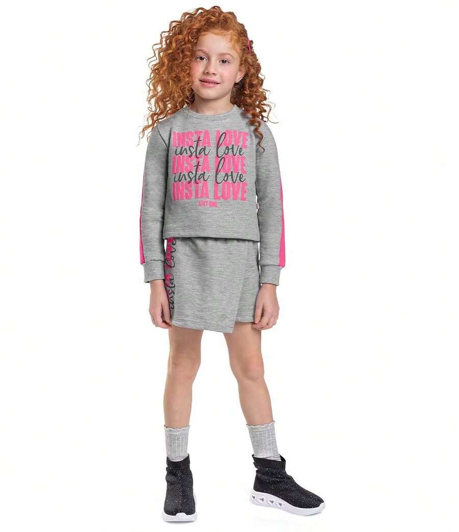 Girl's Set Coat And Shorts Skirt Insta Love Print - Xám - Xem 1