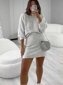 Cacharrel Long Sleeve Knit Set And Short Skirt - White - View 1