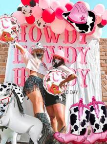 9 件套西部主题女士生日气球套装，包含粉色女牛仔靴、白马、奶牛印花和帽子铝箔气球，非常适合女生夜间外出派对、西部主题生日、迪斯科女牛仔比赛、赛马、动物主题派对， - 彩色 - 查看 6