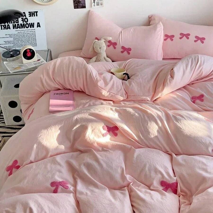 Cute Pink Bows Duvet Cover Set, 3D Embroidery Bedding Sets Pink Bed Set