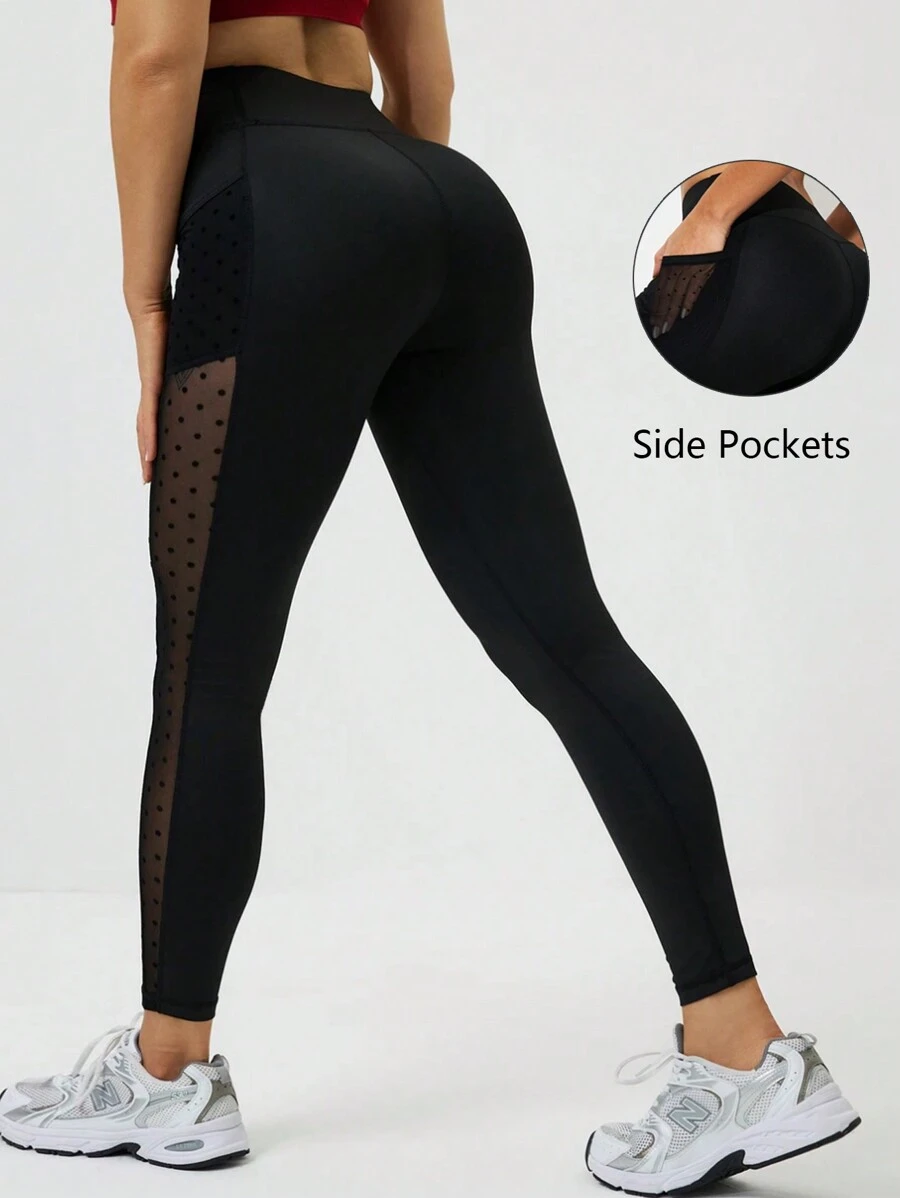 女士运动紧身裤，网眼撞色，瑜伽七分裤 - 黑色 - 查看 1